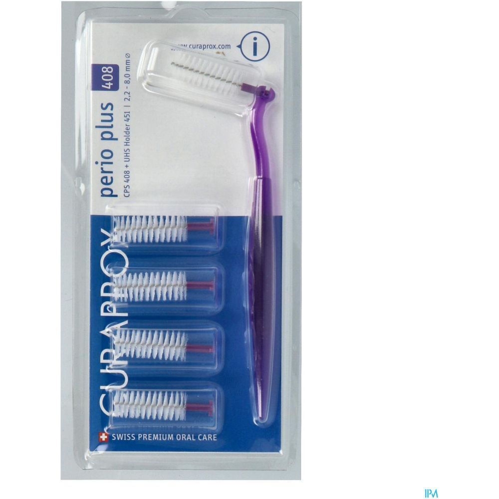 Brosse interdentaire avec manche, emballage blister. Têtes blanches, manche violet. Marque Curaprox.