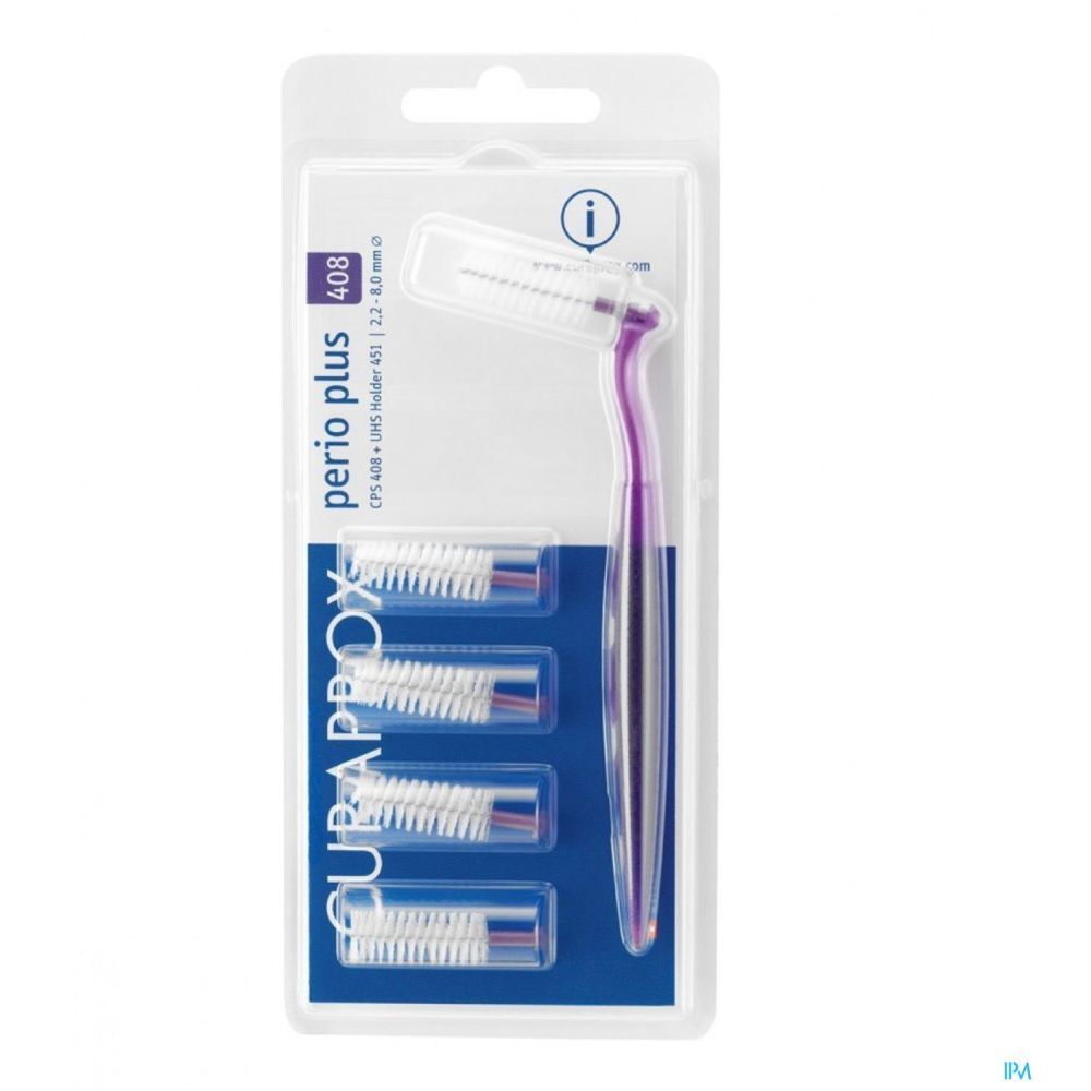 Brosse interdentaire avec manche, emballage blister. Têtes blanches, manche violet. Marque Curaprox.