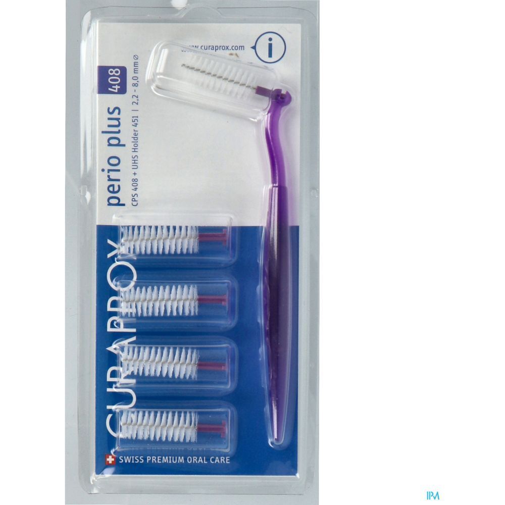 Brosse interdentaire avec manche, emballage blister. Têtes blanches, manche violet. Marque Curaprox.