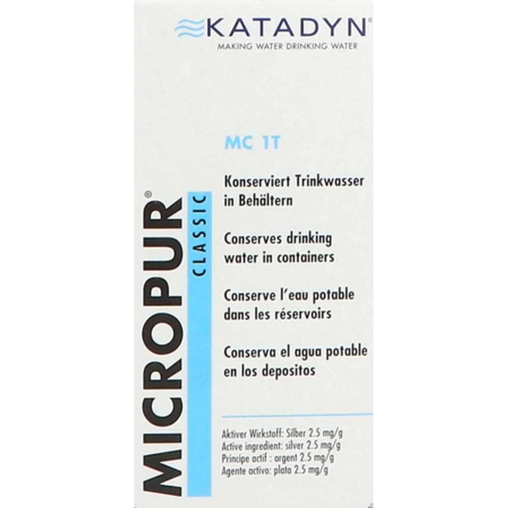 Micropur Classic MC 1T. Emballage avec informations produit et logo. Logo Katadyn en haut.