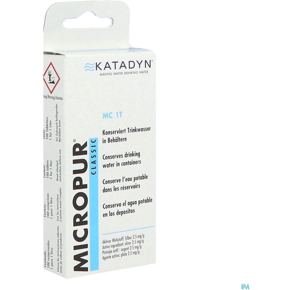 Micropur Classic MC 1T. Emballage produit avec logo et symbole d'avertissement. Contient 100 comprimés.