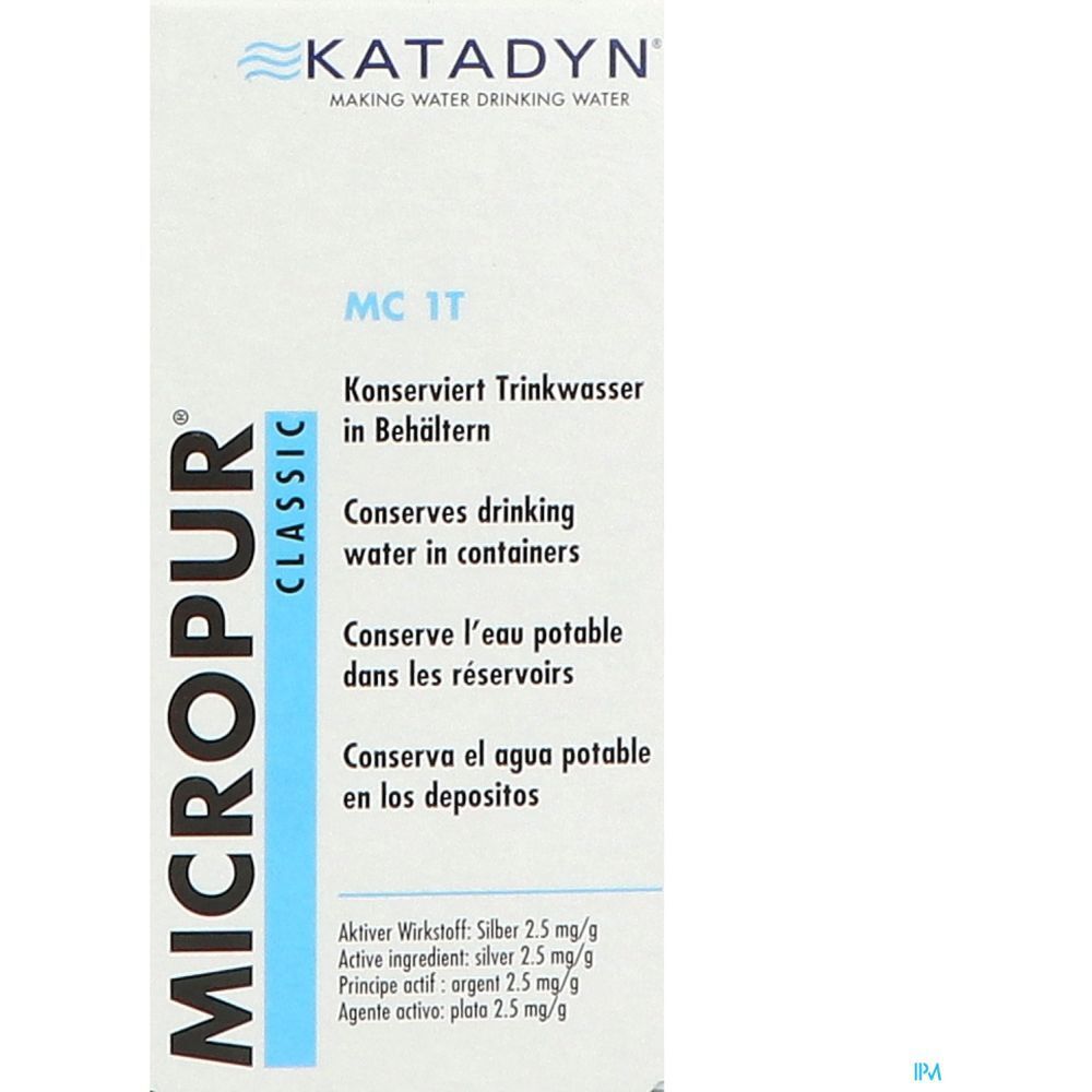 Micropur Classic MC 1T. Emballage avec informations produit et logo. Logo Katadyn en haut.