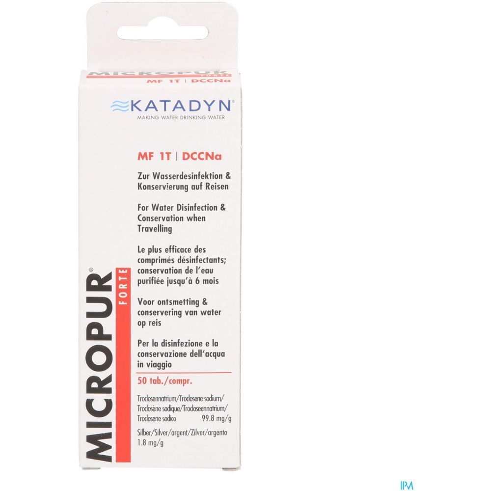 Boîte de Micropur Forte MF 1T DCCNA. Carton blanc avec texte rouge et bleu. Contient 50 comprimés.