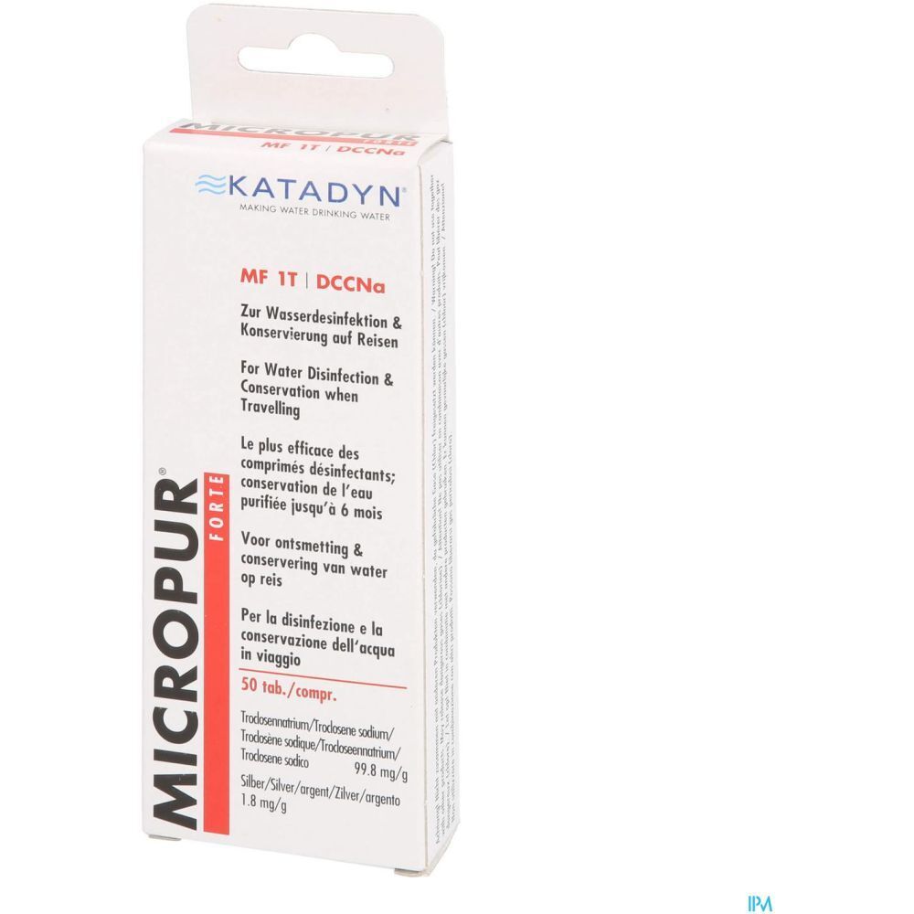 Boîte de Micropur Forte MF 1T DCCNA. Carton blanc avec texte rouge et bleu. Contient 50 comprimés.