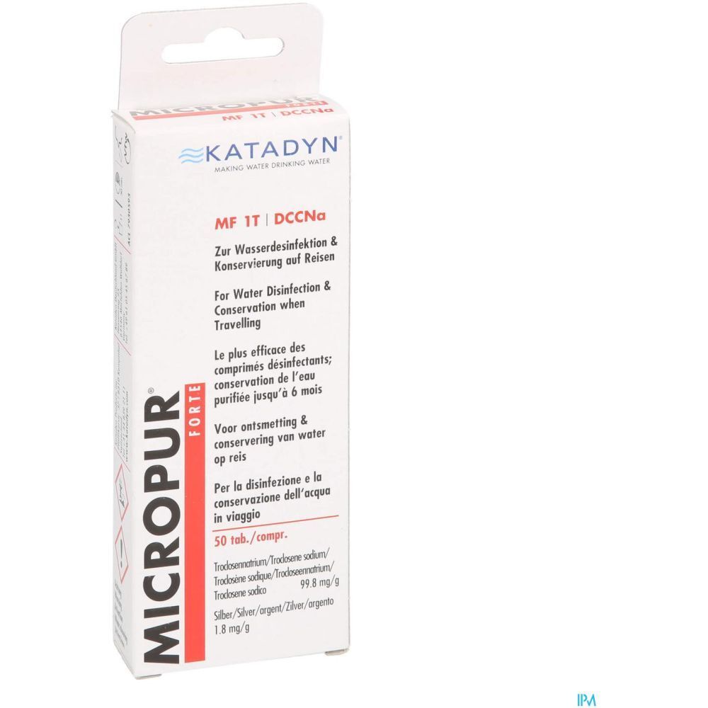 Boîte de Micropur Forte MF 1T DCCNA. Carton blanc avec texte rouge et bleu. Contient 50 comprimés.
