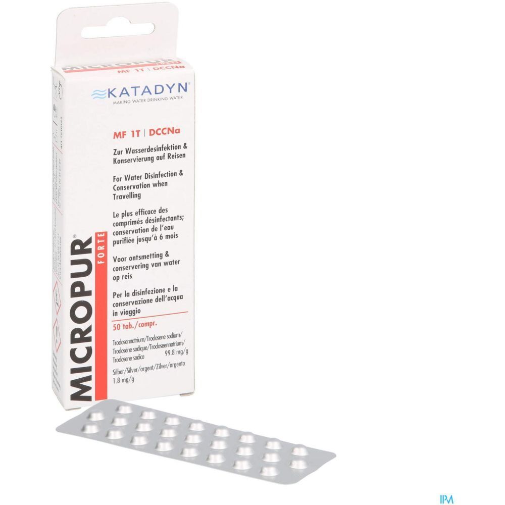 Boîte et blister de Micropur Forte MF 1T DCCNA. Carton blanc et blister argenté avec comprimés.