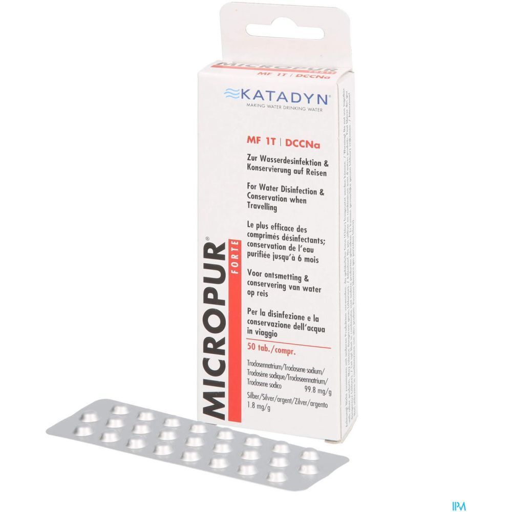 Boîte et blister de Micropur Forte MF 1T DCCNA. Carton blanc et blister argenté avec comprimés.