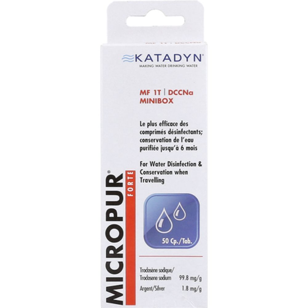 Boîte de Micropur Forte MF 1T DCCNA. Carton blanc avec icône bleue. Contient 50 comprimés.