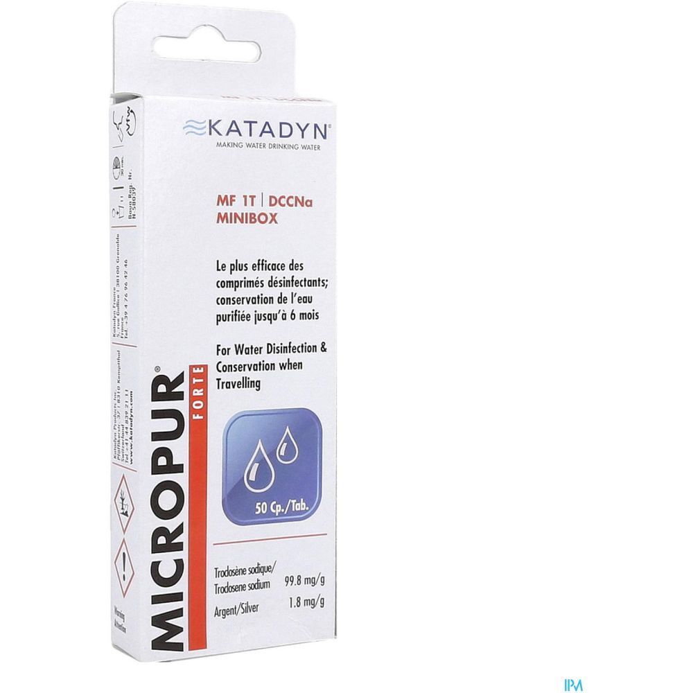 Boîte de Micropur Forte MF 1T DCCNA. Carton blanc avec icône bleue. Contient 50 comprimés.