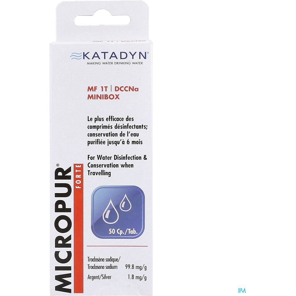 Boîte de Micropur Forte MF 1T DCCNA. Carton blanc avec icône bleue. Contient 50 comprimés.