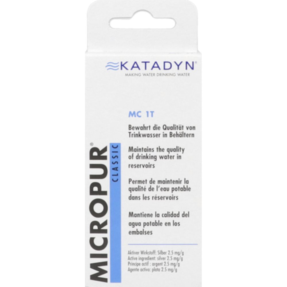 Emballage Micropur Classic MC 1T. Boîte blanche avec nom du produit et logo Katadyn. Contient des comprimés pour désinfecter l'eau.