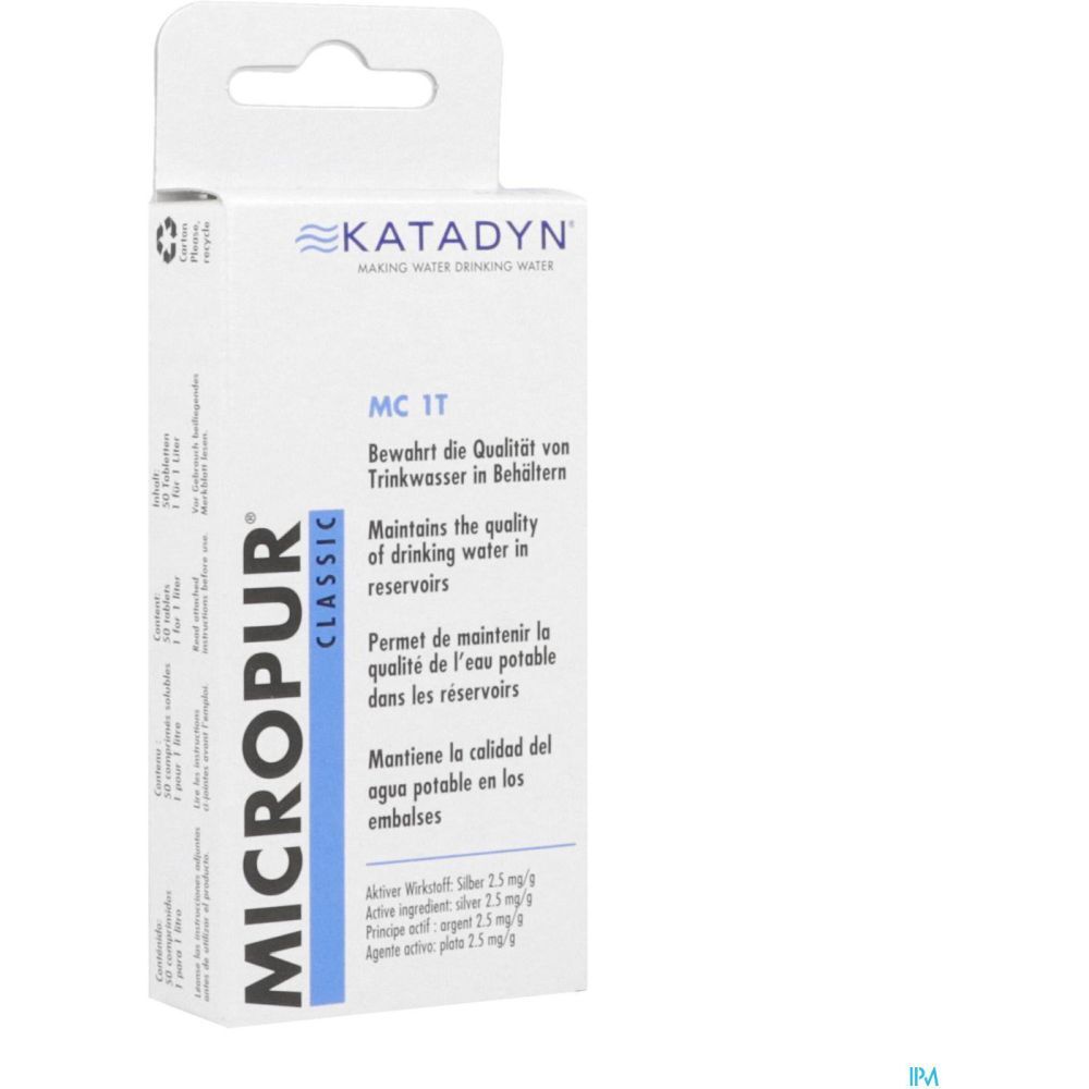 Emballage Micropur Classic MC 1T, blanc avec nom du produit et logo Katadyn. Contient des comprimés pour désinfecter l'eau. Vue détaillée.
