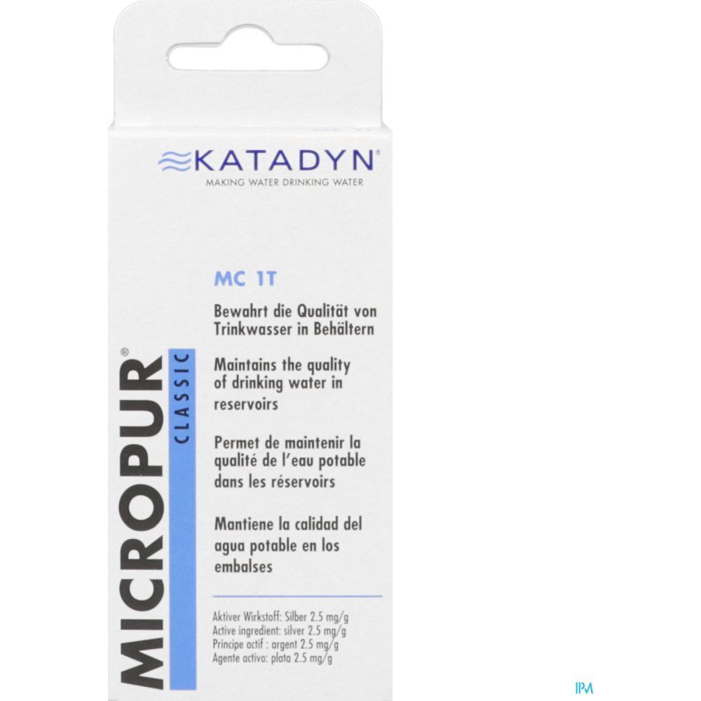 Emballage Micropur Classic MC 1T, blanc avec nom du produit et logo Katadyn. Contient des comprimés pour désinfecter l'eau. Gros plan.