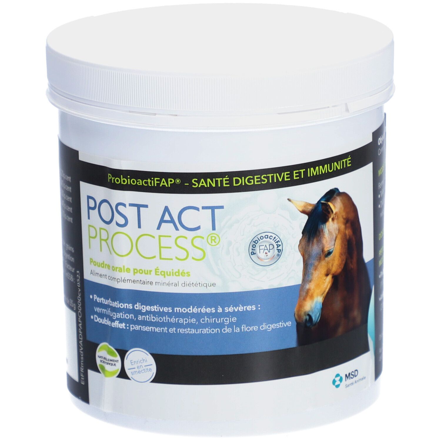 Pot blanc avec couvercle. Inscription: POST ACT PROCESS. Pour chevaux. Illustration de cheval. Logo MSD.