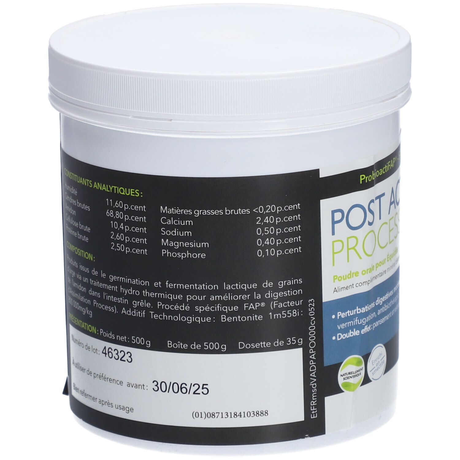 Pot blanc avec couvercle. Dos avec composants analytiques et ingrédients. DDM: 30/06/25. 500g.