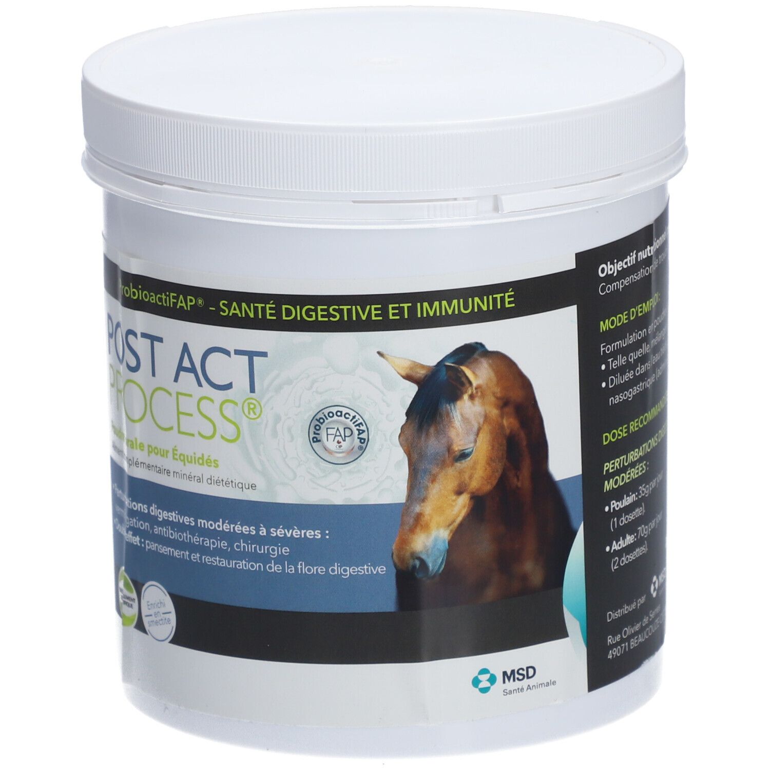 Pot blanc avec couvercle. Inscription: POST ACT PROCESS. Pour chevaux. Illustration de cheval. Logo MSD. Instructions de dosage.