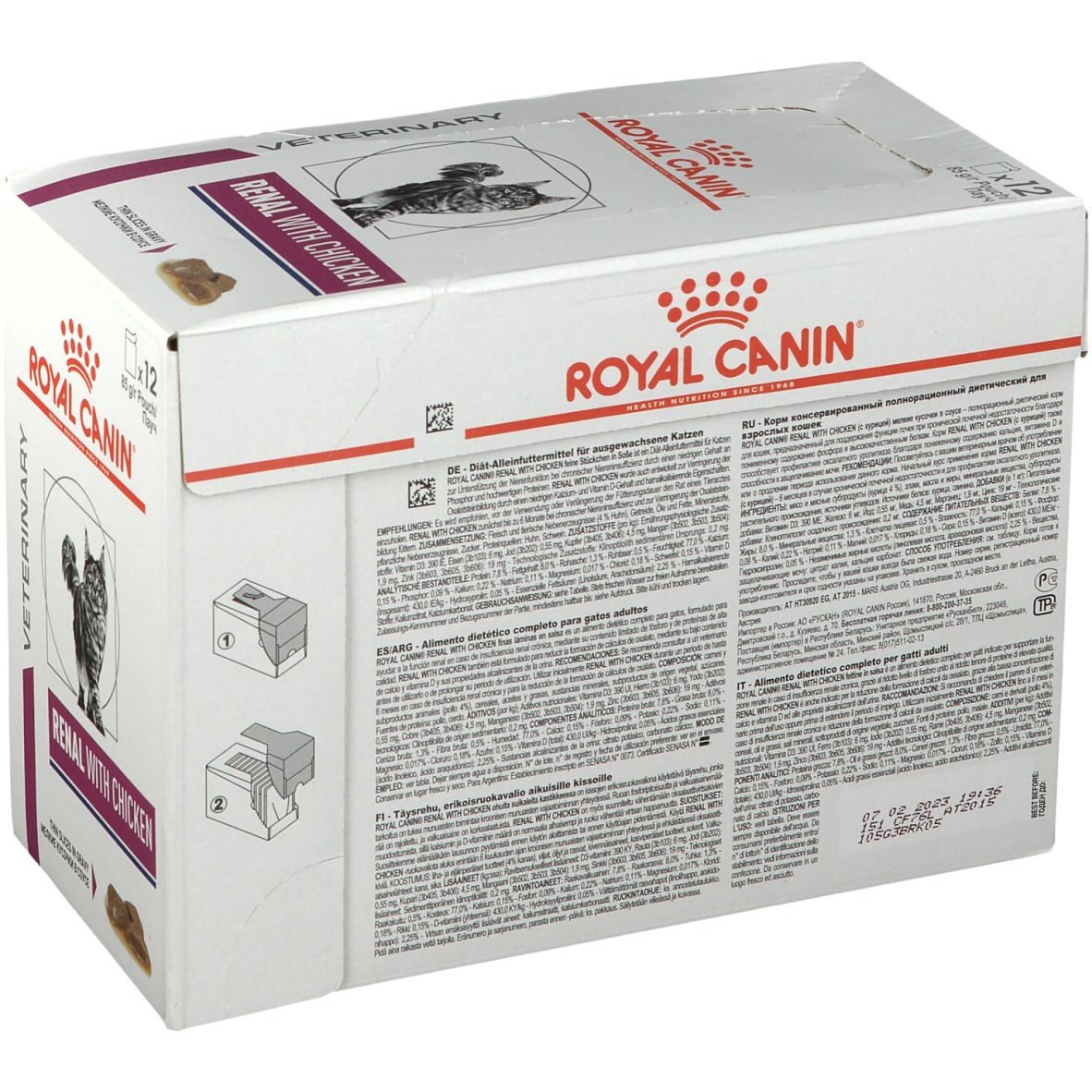Karton ROYAL CANIN Renal mit Huhn. Rückseite mit Texten in verschiedenen Sprachen. Aufdrucke: ROYAL CANIN, Renal with Chicken.