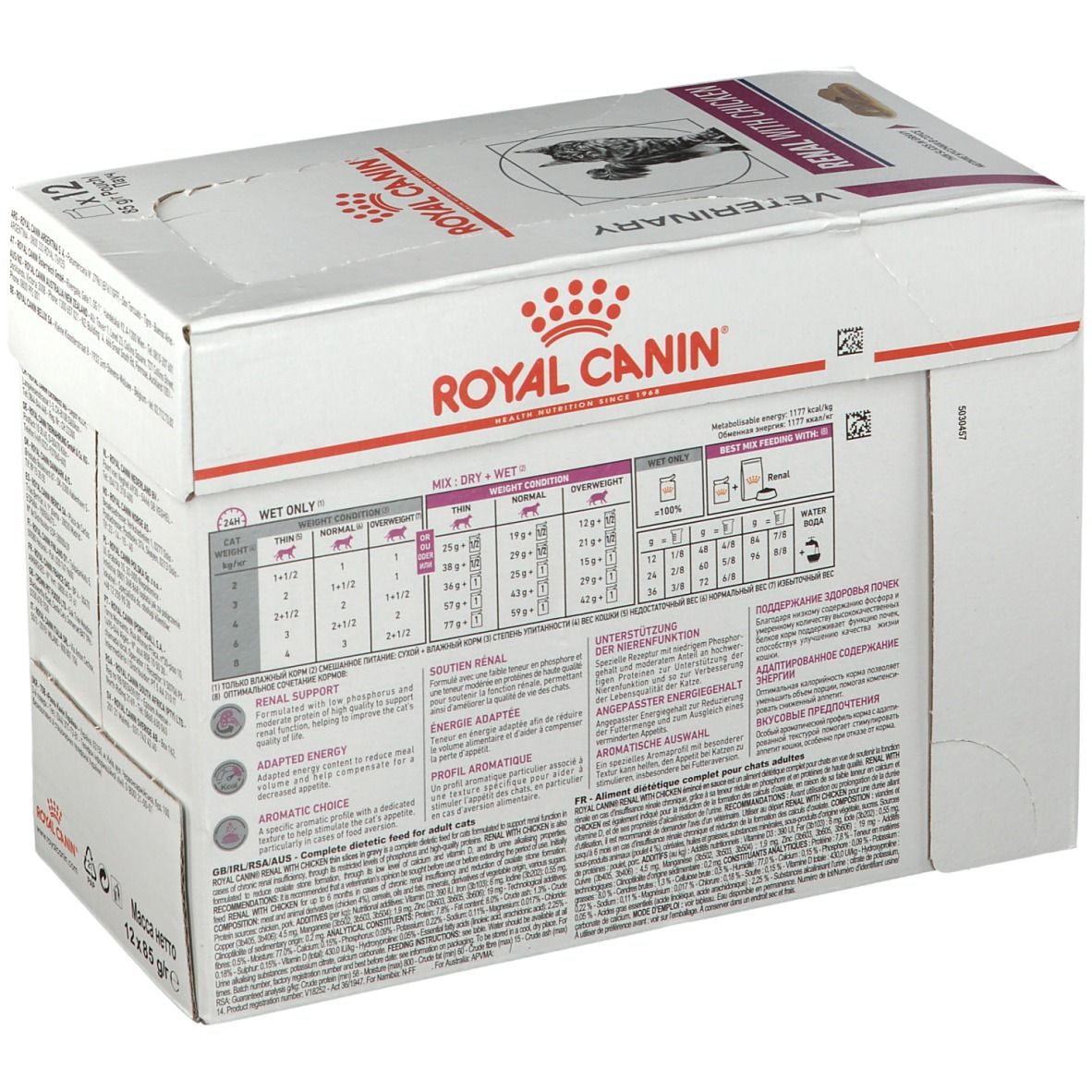 Karton ROYAL CANIN Renal mit Huhn. Seite mit Fütterungsempfehlungen. Aufdrucke: ROYAL CANIN, Renal with Chicken.
