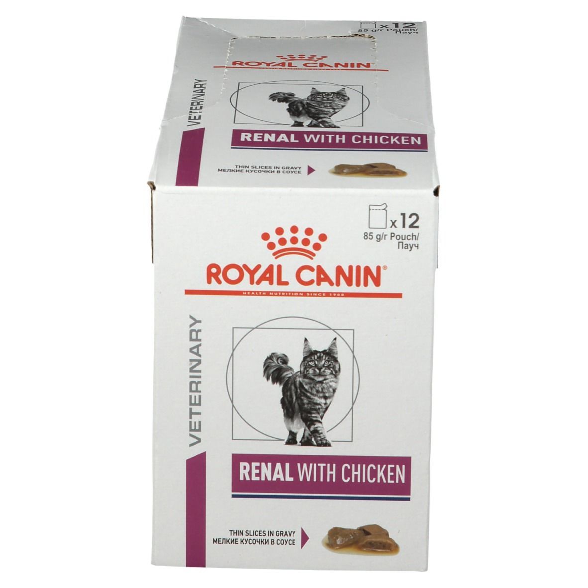 Karton ROYAL CANIN Renal mit Huhn. Aufdrucke: ROYAL CANIN, Renal with Chicken, 12 Beutel, 85g pro Beutel.