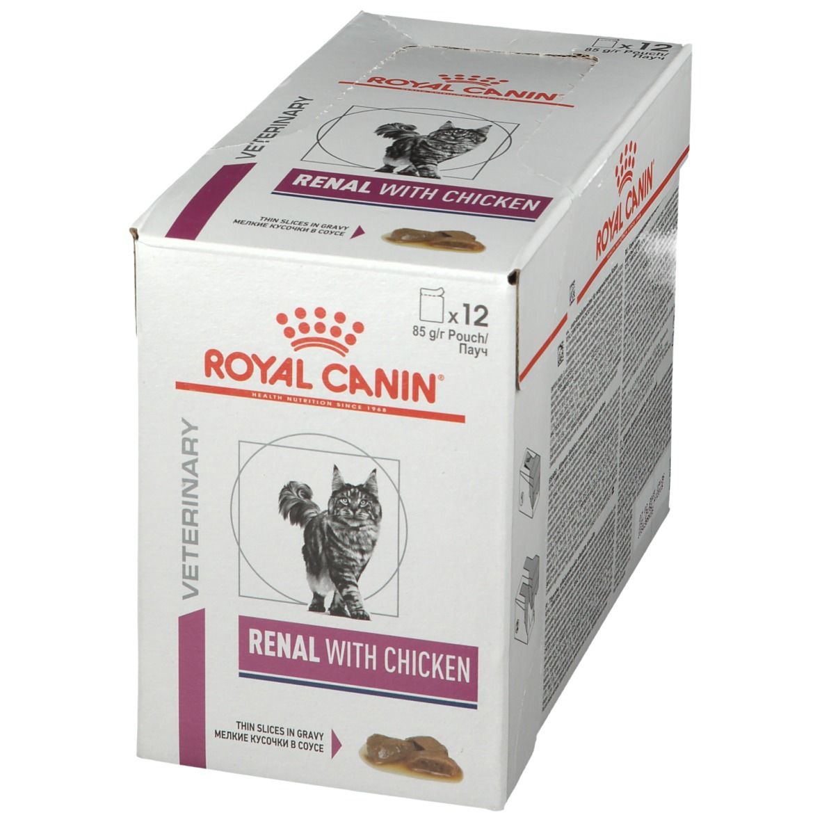 Karton ROYAL CANIN Renal mit Huhn. Aufdrucke: ROYAL CANIN, Renal with Chicken, 12 Beutel, 85g pro Beutel.