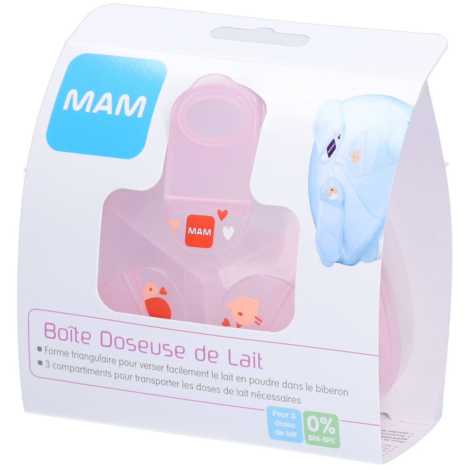 Boîte doseuse de lait MAM rose, en emballage. Forme triangulaire, 3 compartiments. Logo MAM et nom du produit visibles.