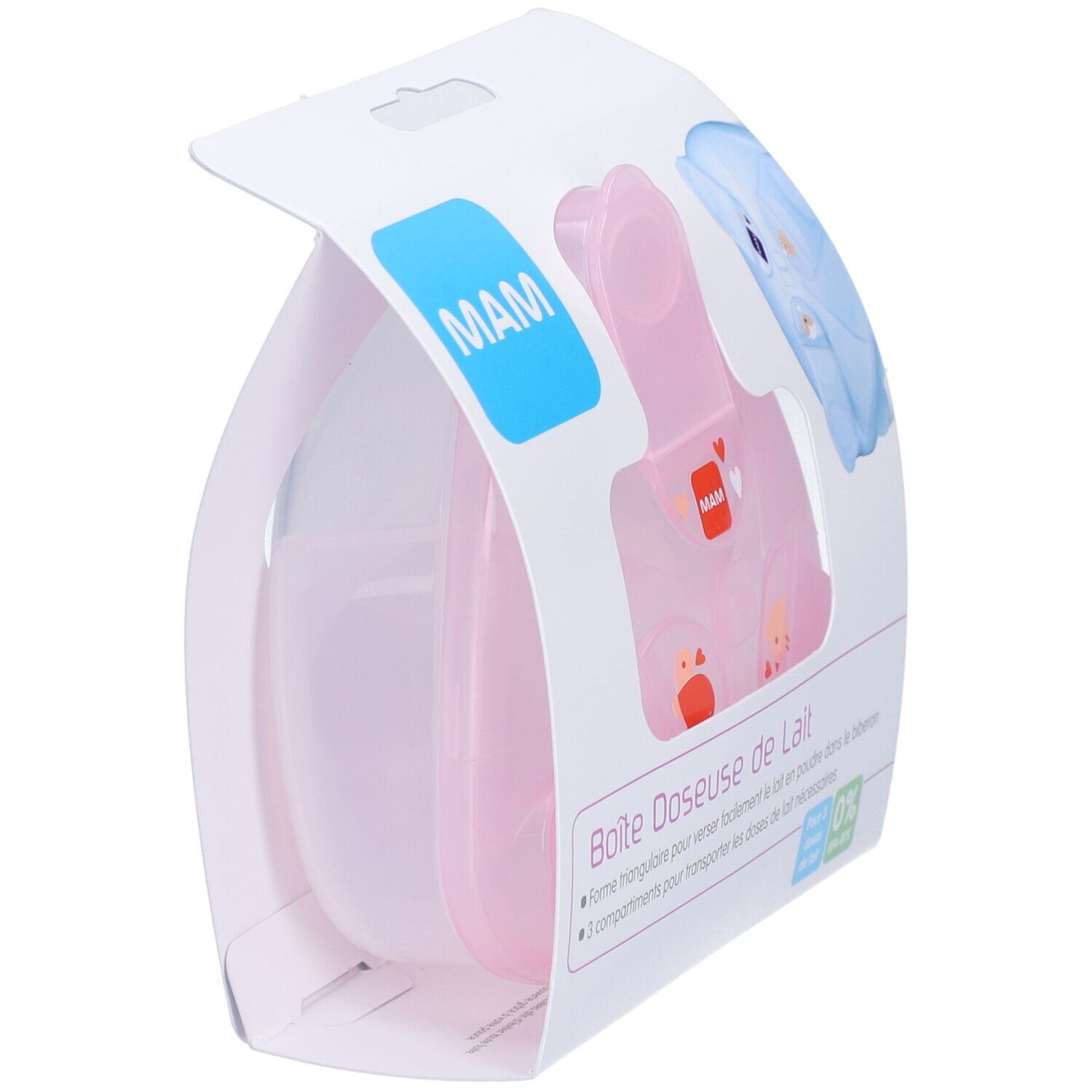 Boîte doseuse de lait MAM rose en emballage. Forme triangulaire. Logo MAM et nom du produit visibles.