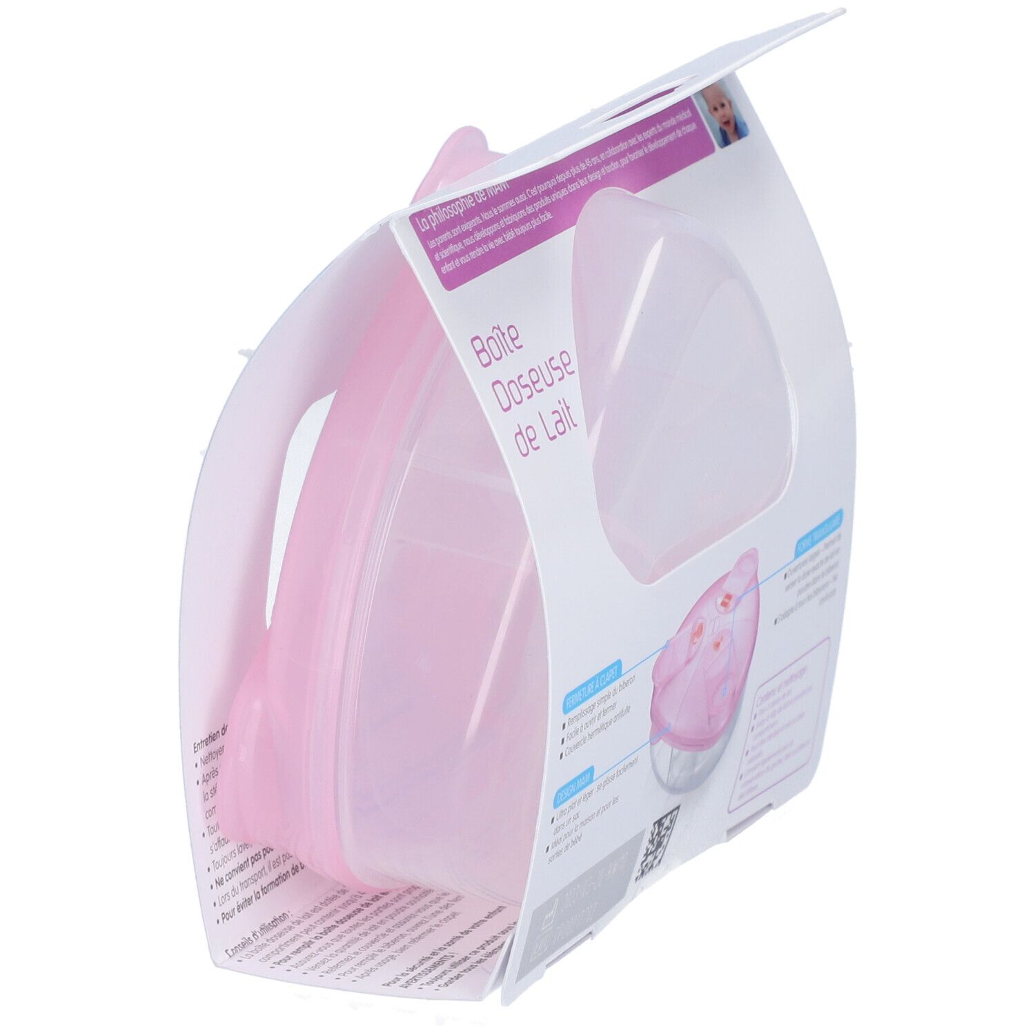 Dos de l'emballage de la boîte doseuse de lait MAM. Boîte rose, forme triangulaire. Nom du produit et logo MAM visibles.