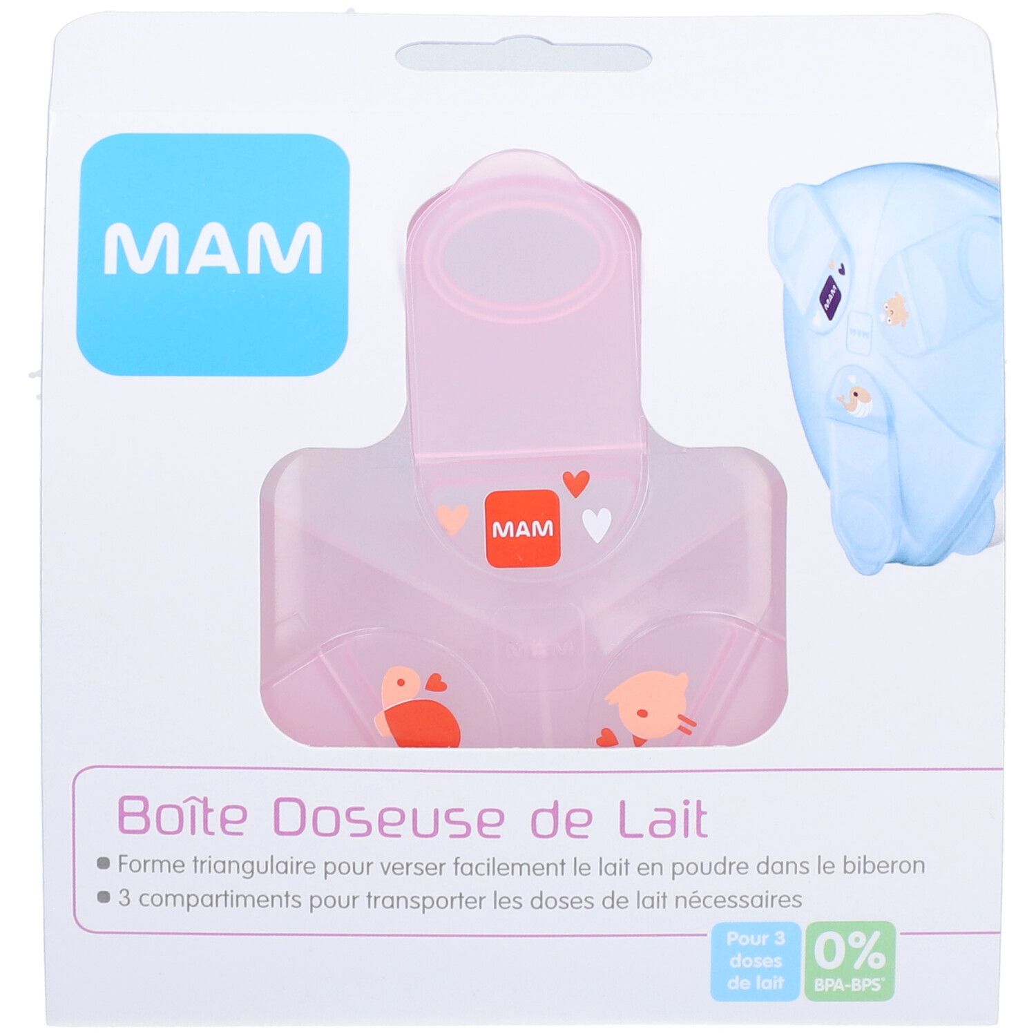 Boîte doseuse de lait MAM rose, en emballage. Forme triangulaire, 3 compartiments. Logo MAM et nom du produit visibles.