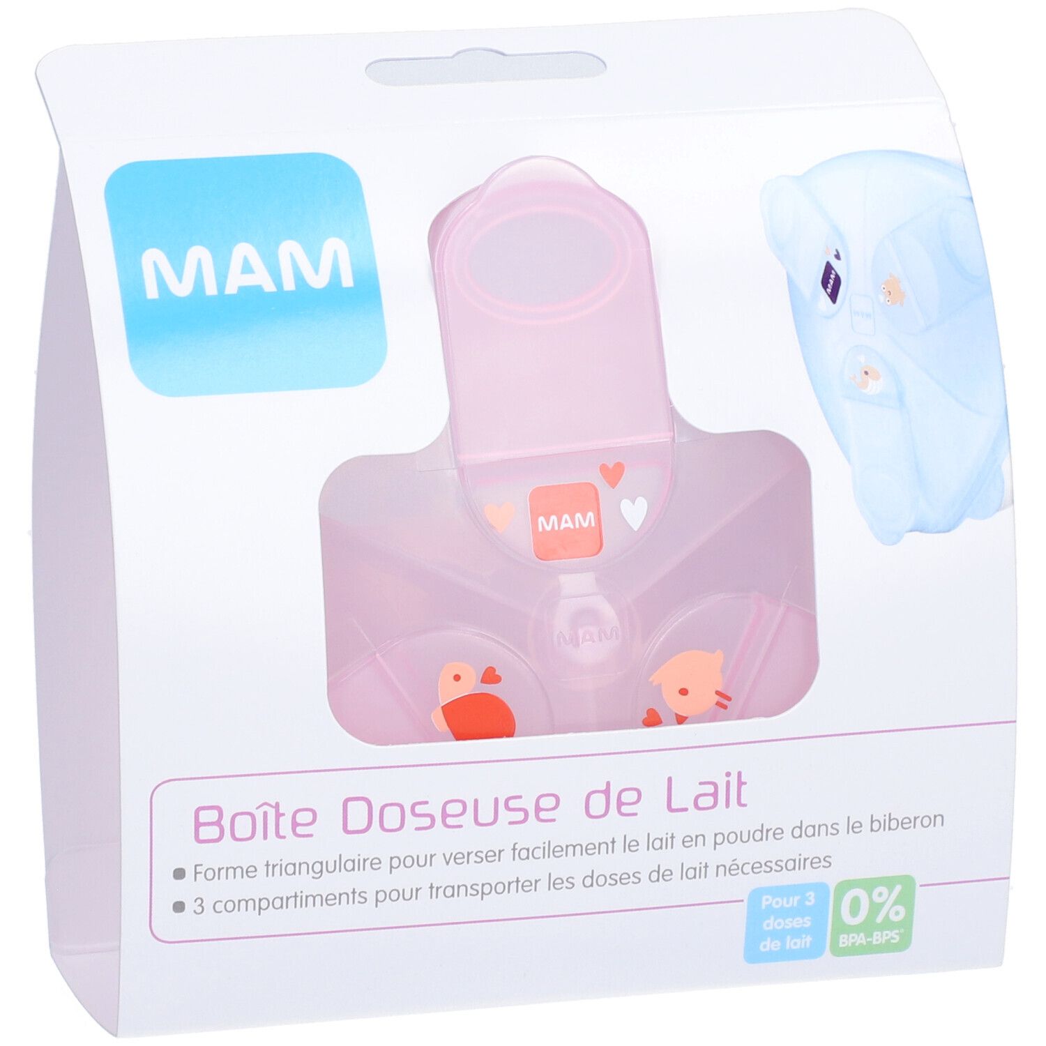 Boîte doseuse de lait MAM rose, en emballage. Forme triangulaire, 3 compartiments. Logo MAM et nom du produit visibles.