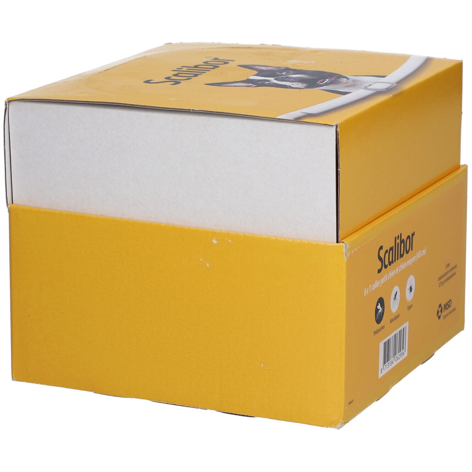 Boîte jaune partiellement ouverte. Nom et logo Scalibor visibles sur le dessus.