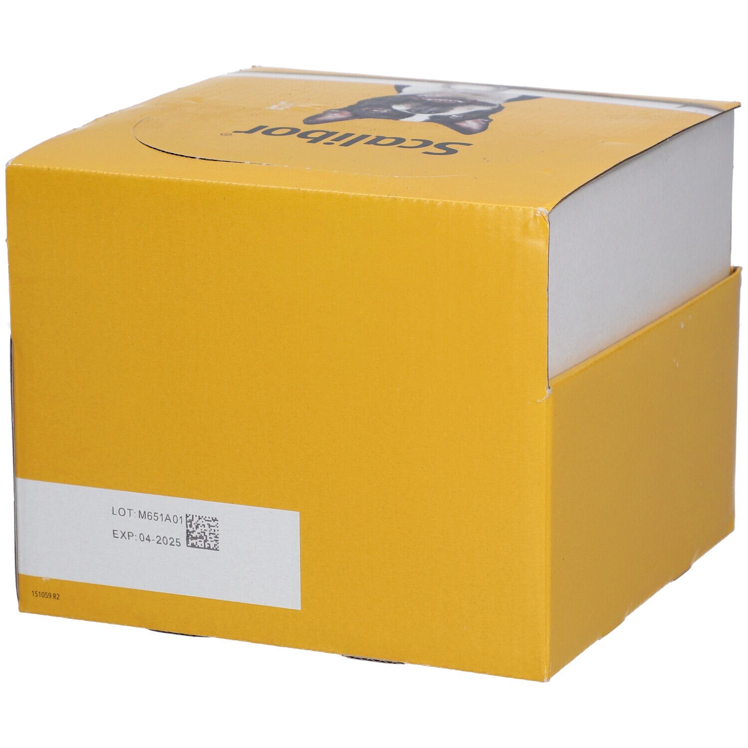 Boîte jaune avec nom et logo. Impression : date de péremption et numéro de lot.
