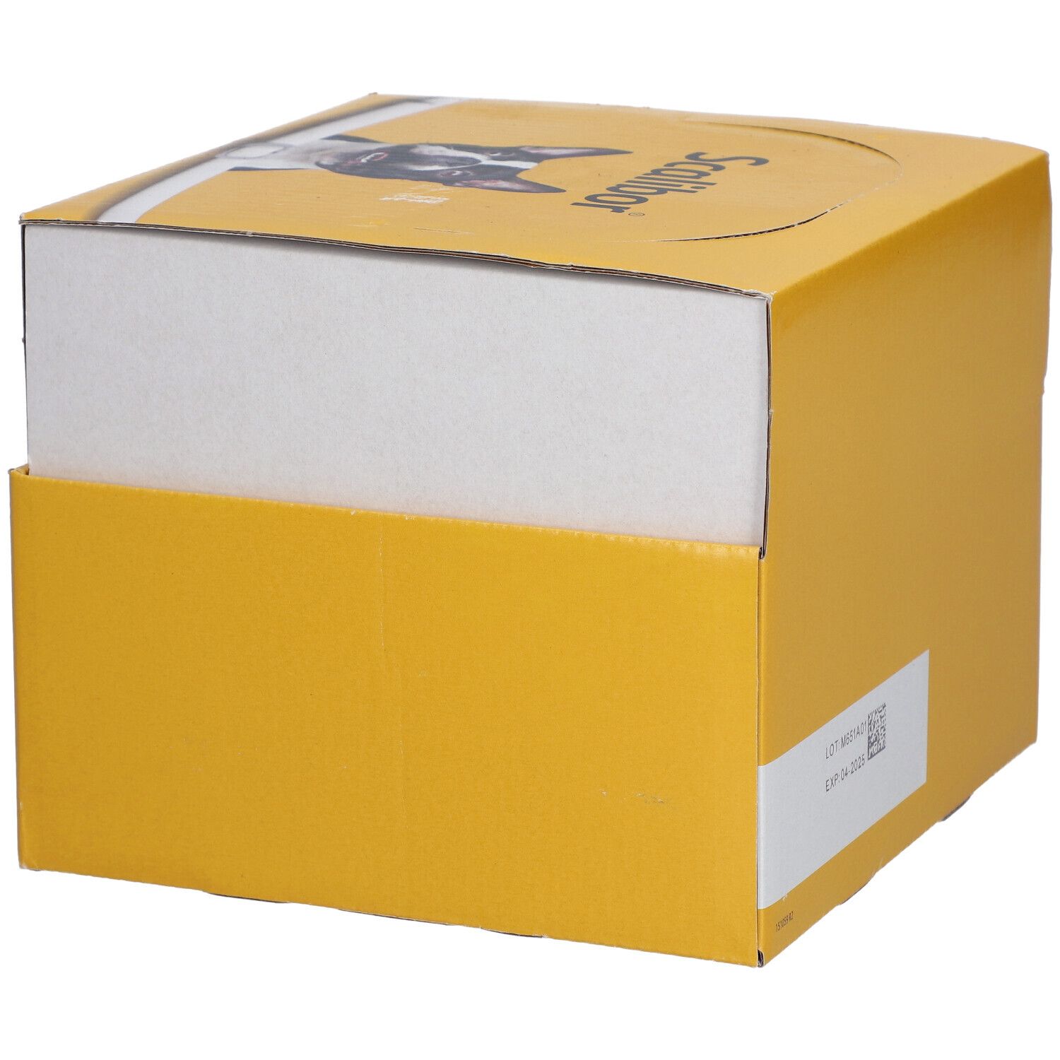 Boîte jaune partiellement ouverte. Nom et logo Scalibor visibles sur le dessus.