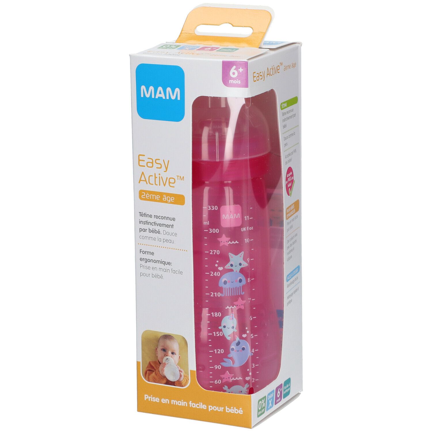 Biberon rose MAM Easy Active™ dans son emballage. Échelle de mesure et illustrations d'animaux. 6+ mois.