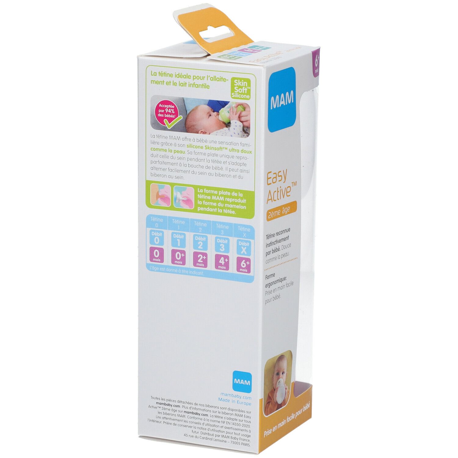 Emballage du biberon MAM Easy Active™. Affiche les caractéristiques et informations du produit. Avec photo de bébé.