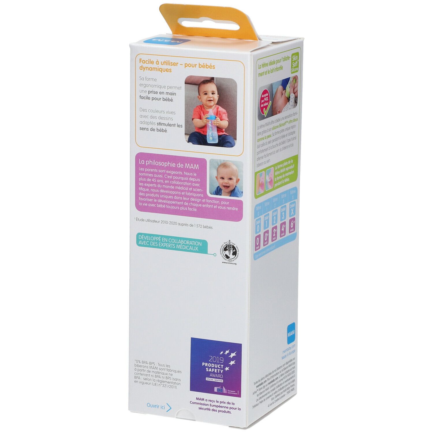 Emballage du biberon MAM Easy Active™. Affiche les caractéristiques et informations du produit. Avec photo de bébé.
