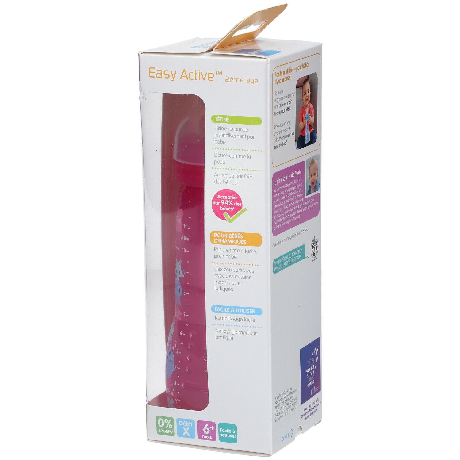 Biberon MAM Easy Active™ dans son emballage. Biberon rose avec échelle de mesure et illustrations d'animaux. 6+ mois.