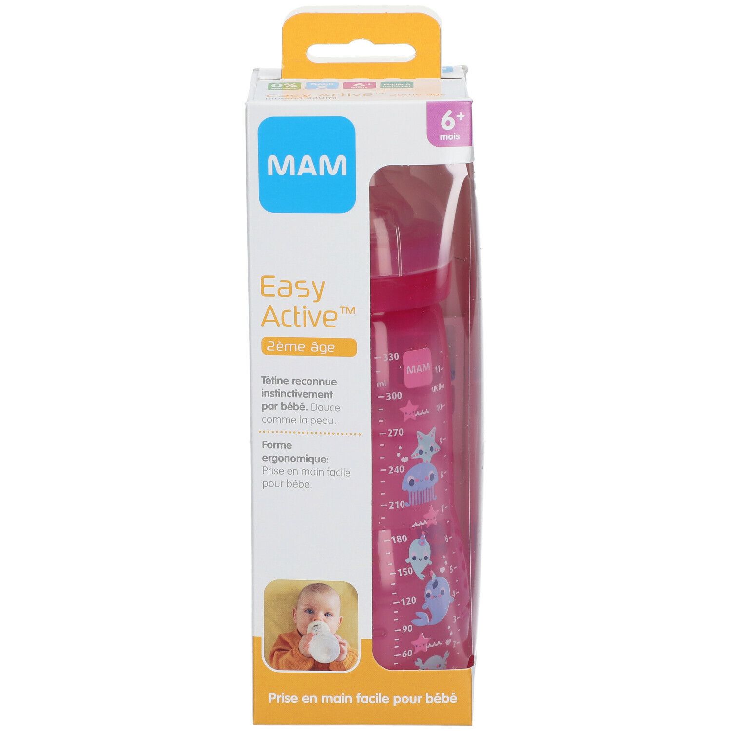 Biberon rose MAM Easy Active™ dans son emballage. Échelle de mesure et illustrations d'animaux. 6+ mois.