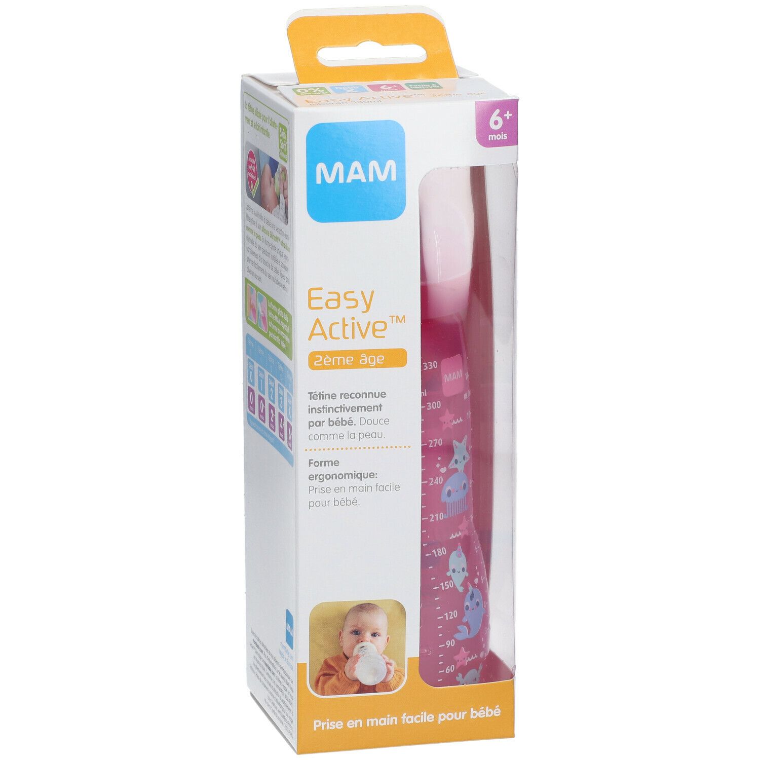 Biberon MAM Easy Active™ dans son emballage. Biberon rose avec échelle de mesure et illustrations d'animaux. 6+ mois.