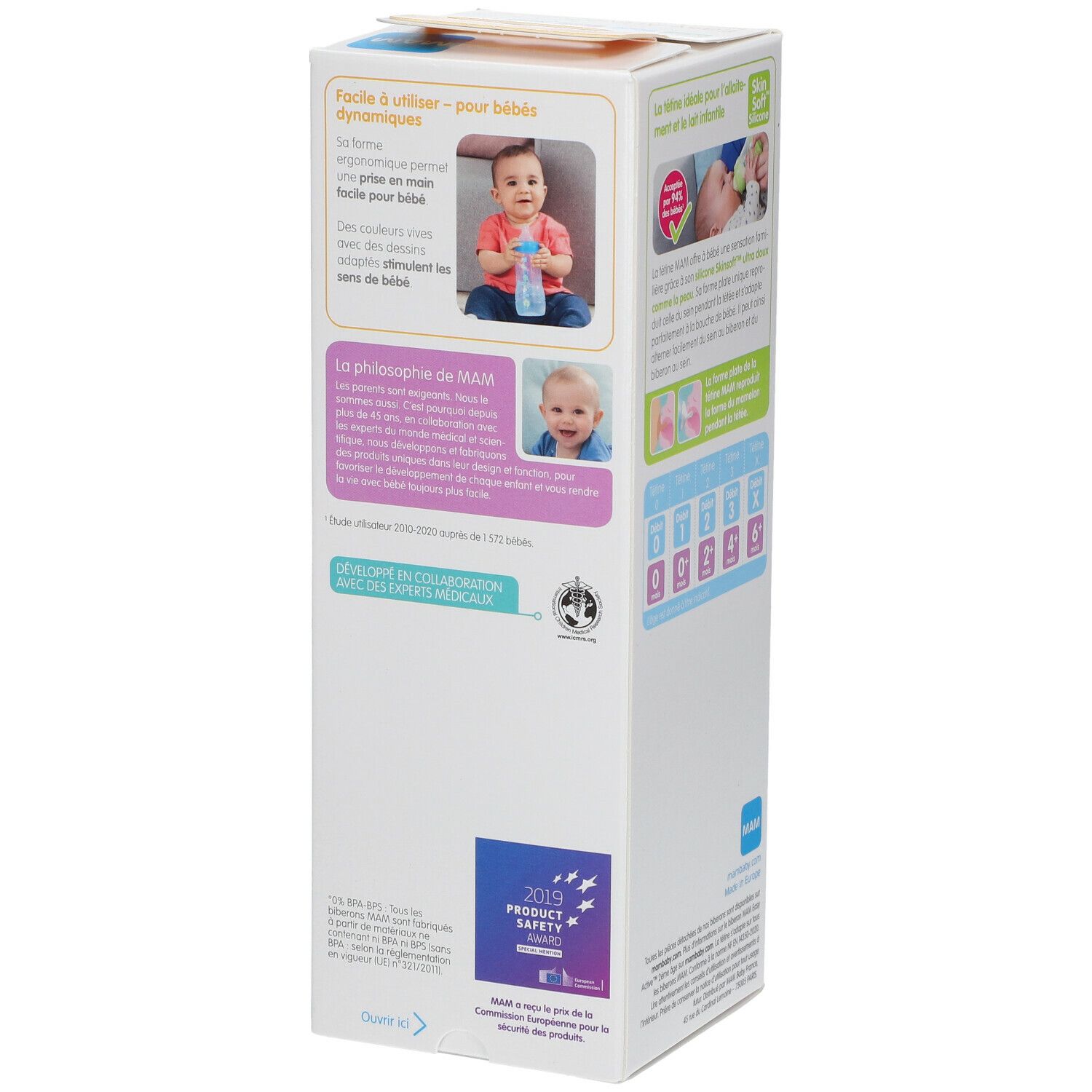 Emballage du biberon. Côté avec informations : logo MAM, Easy Active, illustrations d'utilisation, certifications.