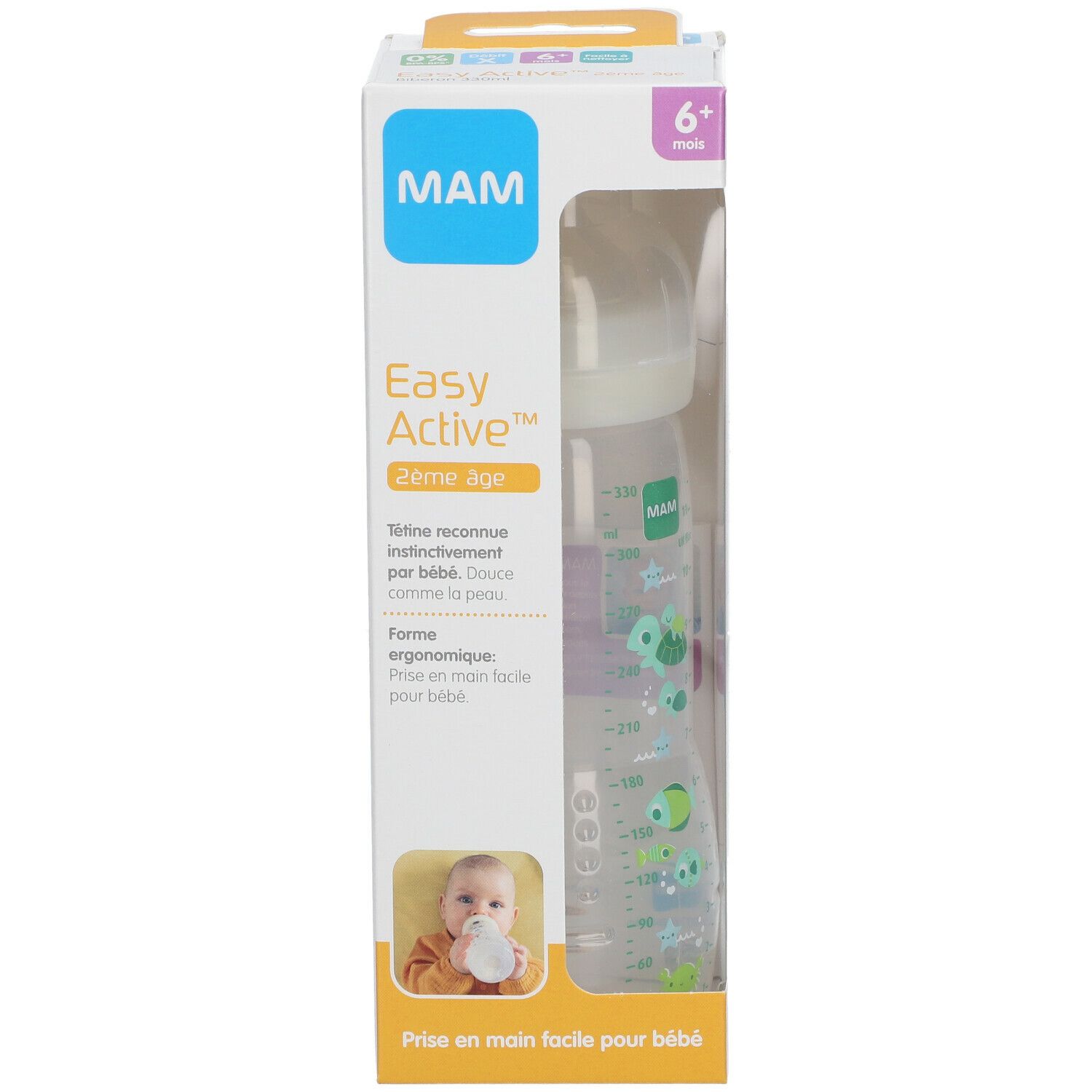 Biberon dans son emballage. Visible : logo MAM, Easy Active, 6+ mois. Biberon avec échelle graduée et décor animal.