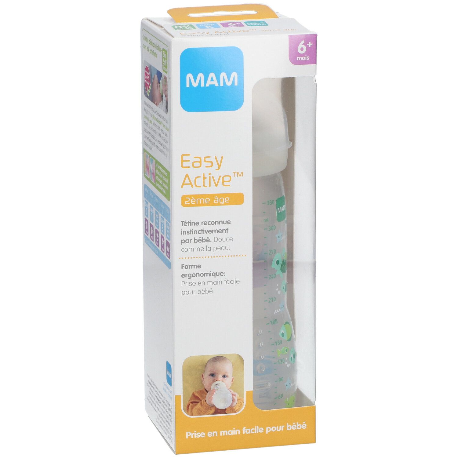 Biberon dans son emballage. Visible : logo MAM, Easy Active, 6+ mois. Biberon avec échelle graduée et décor animal.
