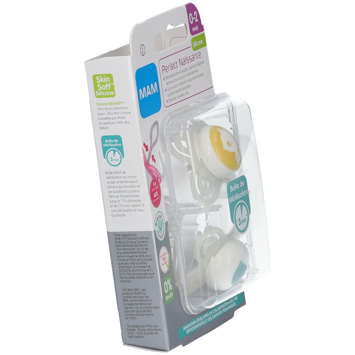 Emballage MAM Perfect Naissance avec deux sucettes. Boîte en plastique. Logo, texte et certifications visibles sur l'emballage.