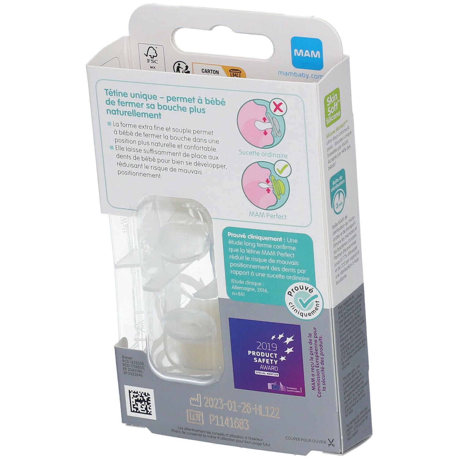 Dos de l'emballage MAM Perfect Naissance. Texte, illustrations et certifications. Deux sucettes dans une boîte en plastique.