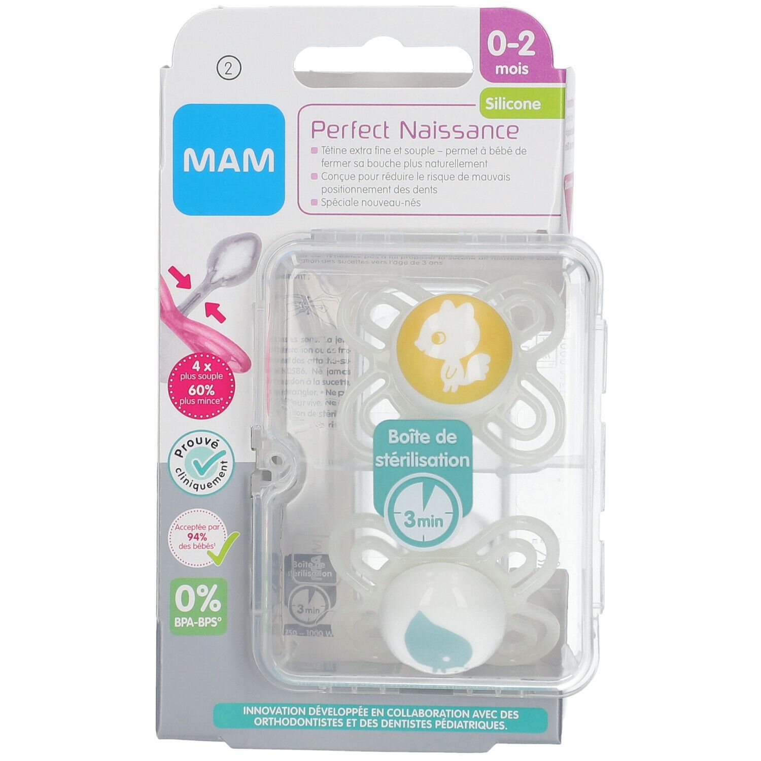 Emballage MAM Perfect Naissance avec deux sucettes. Boîte en plastique. Logo, texte et certifications visibles sur l'emballage.