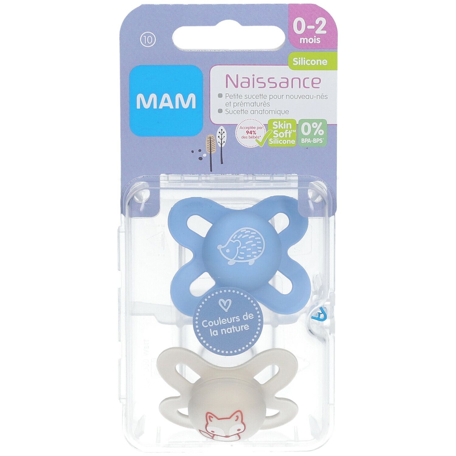 Deux sucettes MAM Naissance dans un emballage. Bleue et crème, motifs animaux. Emballage avec logo et informations produit.