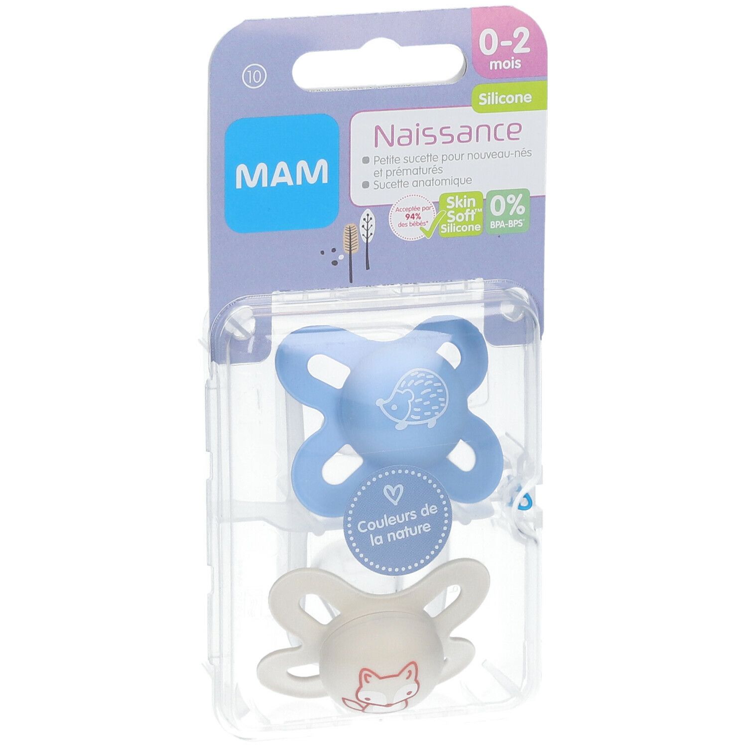 Deux sucettes MAM Naissance dans un emballage. Bleue et crème, motifs animaux. Emballage avec logo et informations produit.