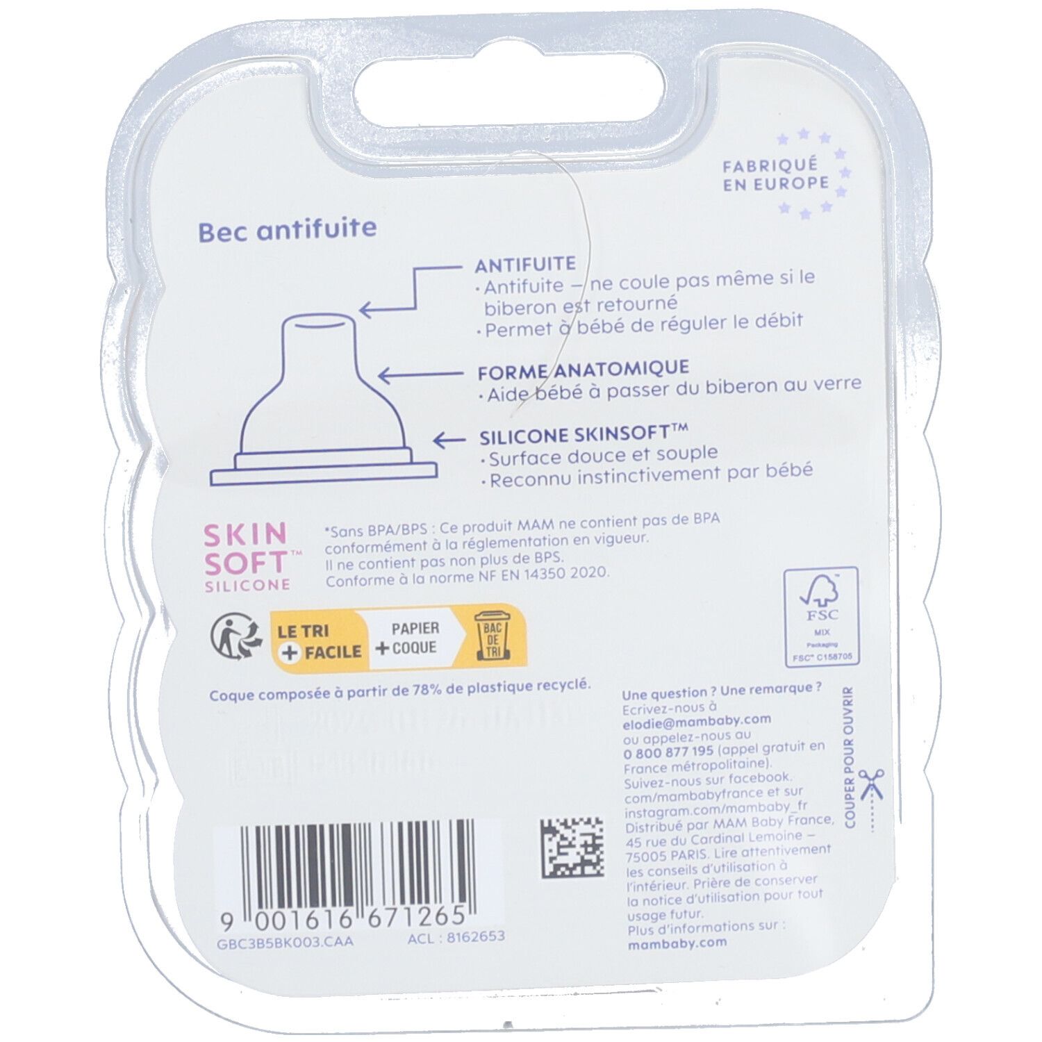 Emballage d'une tétine anti-fuite. Forme anatomique, silicone SkinSoft. Fabriqué en Europe. Certification FSC.