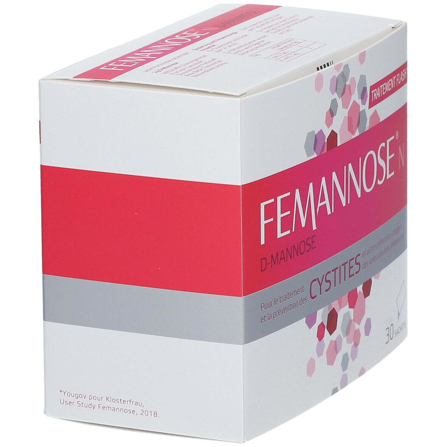 Boîte avec nom du produit et inscription. Emballage rose et blanc. Vue latérale.