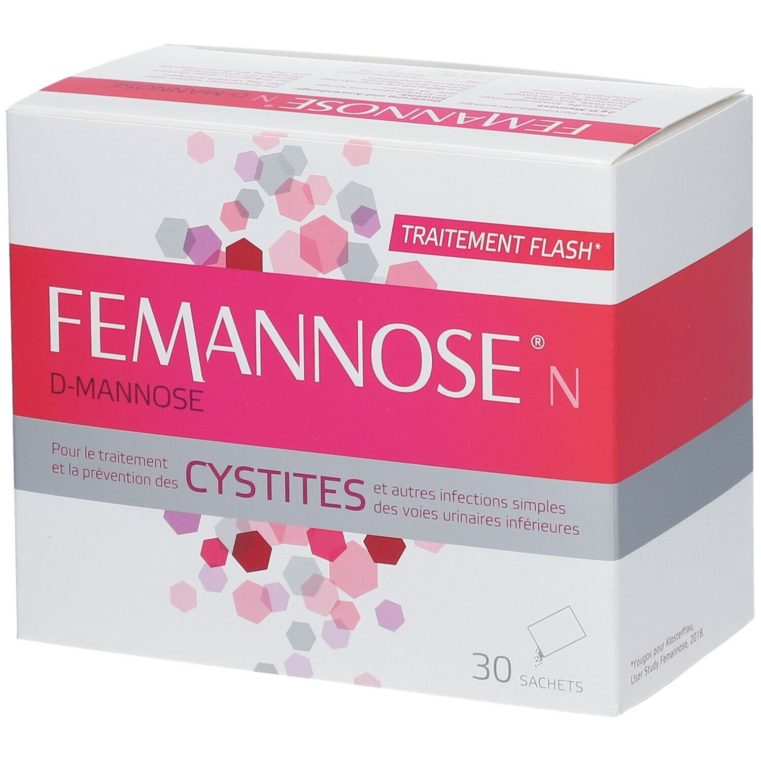 Boîte avec nom du produit et inscription. Contient 30 sachets. Emballage rose et blanc.