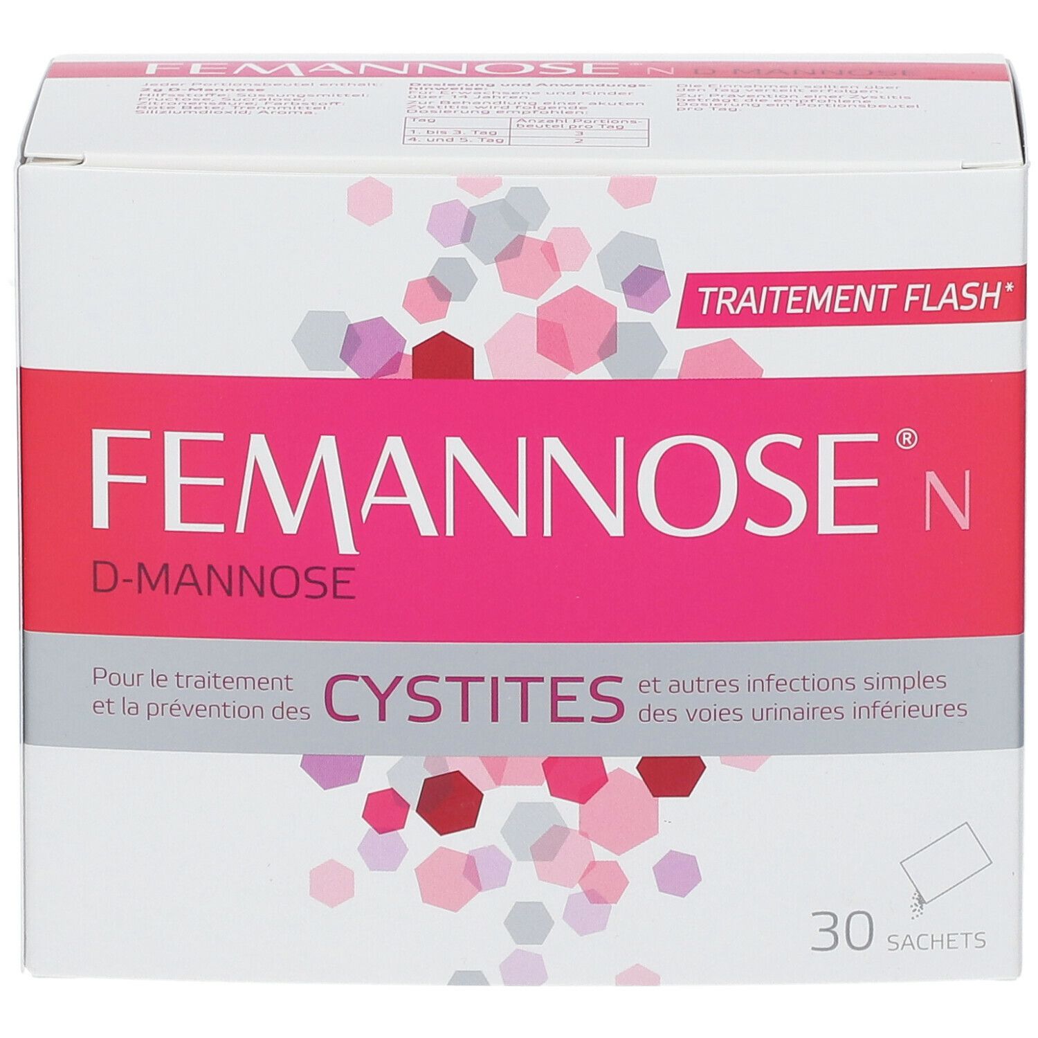 Boîte avec nom du produit et inscription. Contient 30 sachets. Emballage rose et blanc.